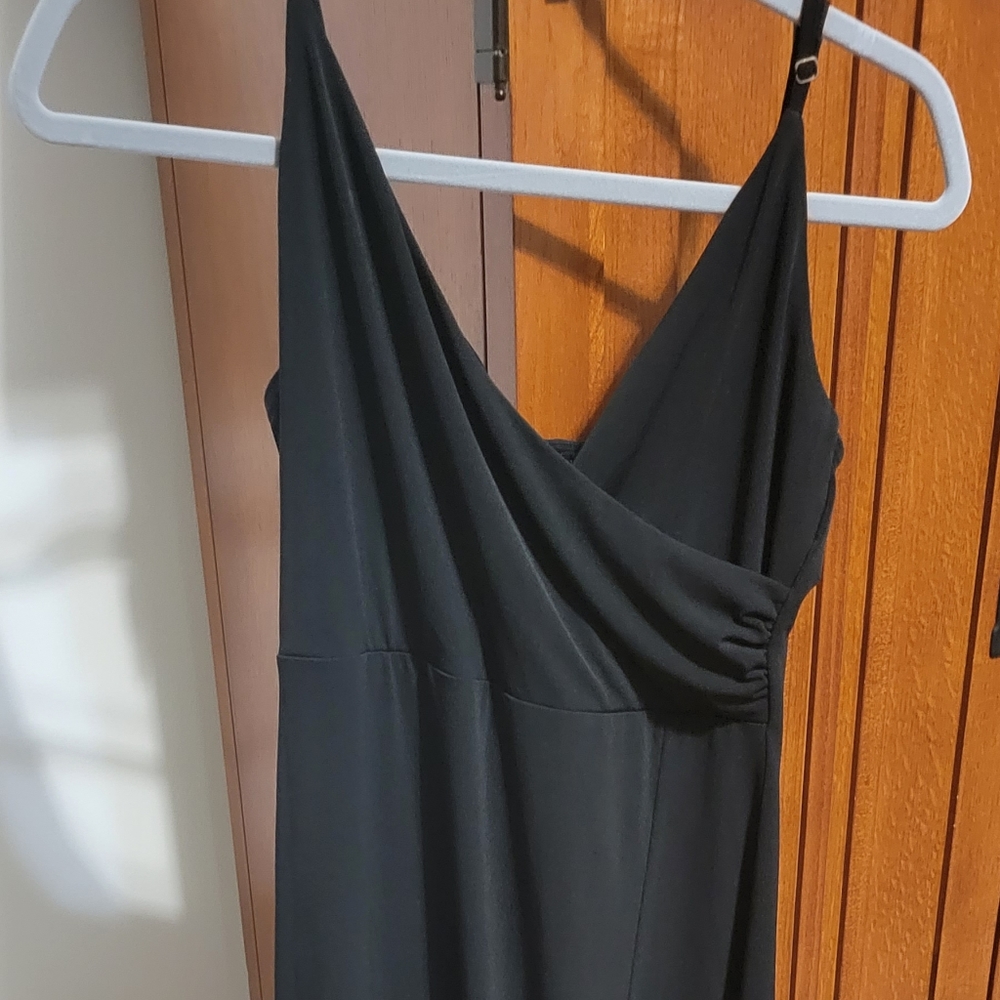 Floor length black evening dress thigh slit